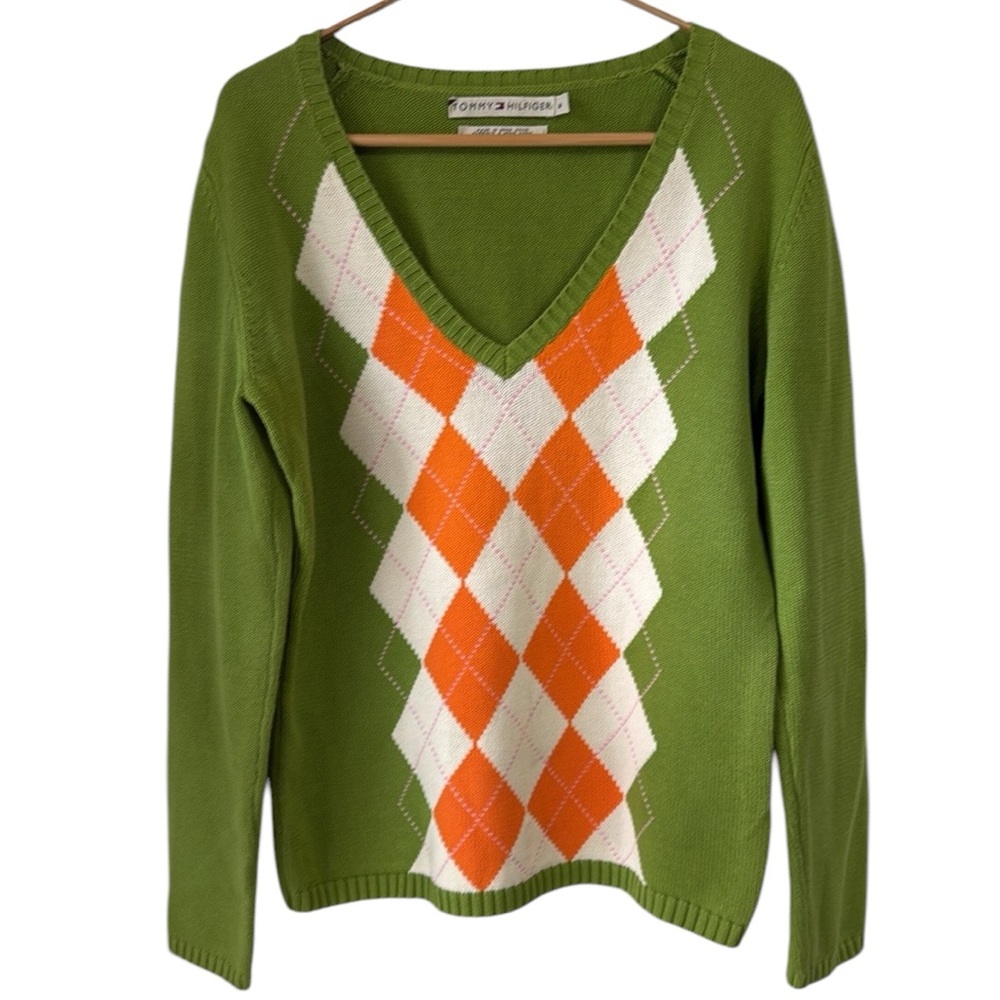 TOMMY HILFIGER Women’s Size M Argyle V-Neck Lime Green Sweater Y2K